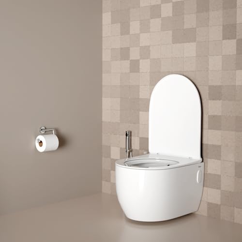 Image of Ruhe Summer Wall-Hung Rimless Western Commode with Siphonic Flushing System | P-Trap | 20 x 14.3 x 13.3 inches | Ceramic White Glossy Finish, Space-Saving Design | Includes Soft-Close Seat Cover