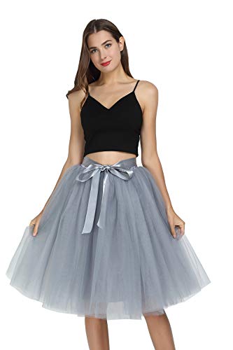 Womens Tulle Midi Skirt High Waist Knee Length Layered Tutu for Prom Dance Party (Gray)