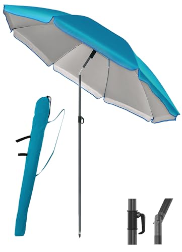 Strandschirm 180 Cm Mit UV50-Schutz & Silberner Innenbeschichtung – Inkl. Tasche, Maritimer Streifendruck, Faltbar