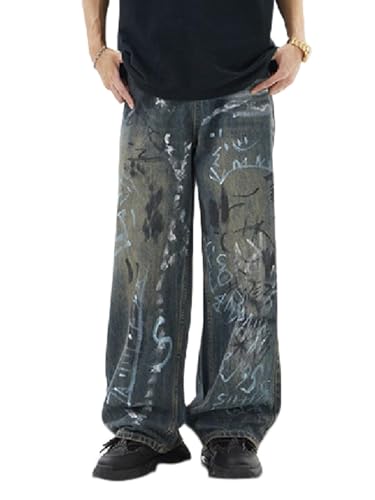 Jeans Pants Trousers Denim Printed Wide Leg Floor Dragging Men's Street Handsome Graffiti Retro Casual Wear