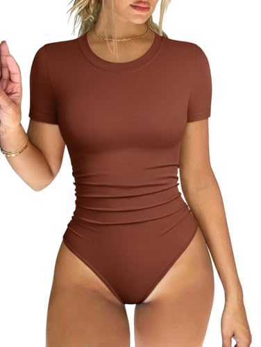 Image of OQQ Women's Crew Neck Short Sleeve Bodysuit Ruched Stretch Vacation Basic for Tops Spring & Summer