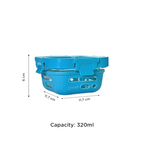 Image of GLASAFE Glass Lunch Box for Office w /t Air Tight Glass lid & Protective Silicone Sleeve | Tiffin Box for Men & Women | 100% Borosilicate Glass | Microwave & Dishwasher Safe | 320ml (Blue)