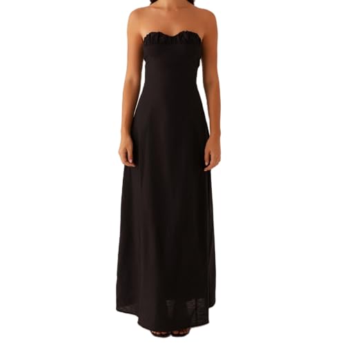Image of Women Tube Top Maxi Dress 2025 Elegant Sleeveless Strapless Ruched Flowy Summer Long Wedding Party Cocktail Dresses