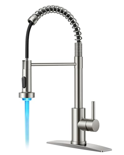 Image of FORIOUS LED Kitchen Faucet with Pull Down Sprayer, Brushed Nickel Modern Single Handle Stainless Steel Commercial Spring Sink Faucet with LED Light for Pot Filler, Farmhouse Camper Bar Laundry Room