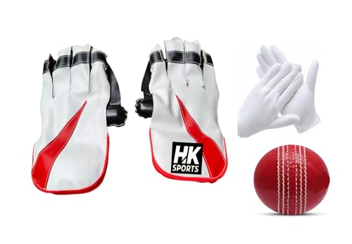 Image of H.K.Sports Pair of Wicket Keeping & White Inner Gloves with Red PVC Stitched Incredible Cricket Ball for Men, Girls, Boys (Red, White) with Enhanced Grip, Finger Protection and Ergonomic Design