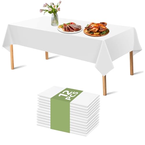 APKOL 12 Pièces Nappes Blanches Jetable, 137 x 274 cm Nappe Blanche Rectangulaire Imperméable, Nappes Jetables, Nappe de Table pour fête d'anniversaire,...