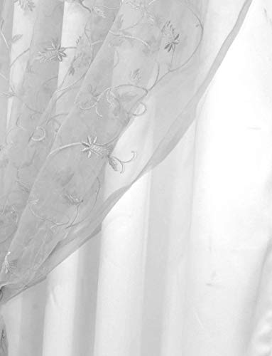 Image of Polyester Door Semi Sheer Curtains, White, Floral, Pack Of 2(7 Feet, White Embroidery + White Blackout)