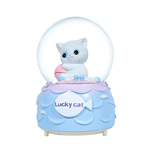 Lucky Cat Musical Snow Globe for Kids, 80MM Animal Resin/Glass Snow Globe with Color Changed Lights for Home Decor & Shelf Decorations (B#)