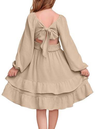 blibean Girls Long Sleeve Dress Tween Fall Tie Back Dress Size 6-15 Years
