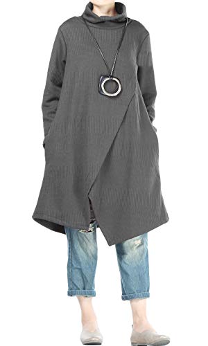 Minibee Women's Long Sleeves Dress Cowl Neck Pullovers Irregular Hem Sweater Dress with Pockets Gray