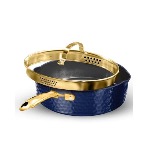 Image of For Granitestone Deep Saute Pan 4 Qt Navy Aluminum Hammered Nonstick Strainer Lid