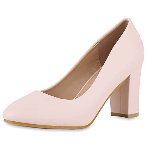 VAN HILL Damen Klassische Pumps Blockabsatz Schuhe Leder-Optik Absatzschuhe...
