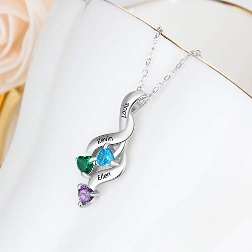 Diamondido Personalized 3 Simulated Birthstone Promise Pendant Necklace For Her With Kids Names Gift For Mommy (Silver) #TOP3