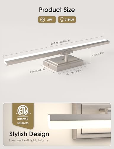 Image of VOLISUN Modern Bathroom Vanity Light 24 inch, Rotatable, 24W Dimmable 5CCT Led Bathroom Light Fixture Over Mirror, Brushed Nickel Bar Vanity Light for Bathrooms Mirror Restroom-ETL Certificated