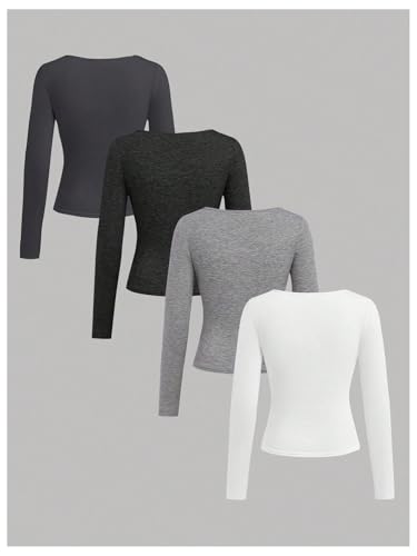 COZYEASE Girl's 4 Pack T Shirt Set Ruched Square Neck Tee Long Sleeve Slim Fit Casual Basic Tops2