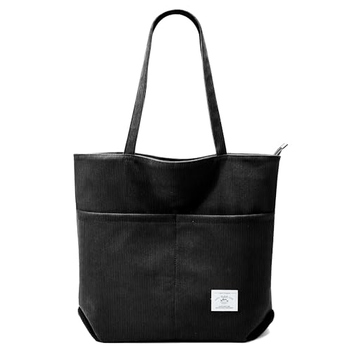 Image of KALIDI Women Corduroy Tote Bag Zipper Casual Tote's Handbag Big Capacity Shoulder Bag with Pockets