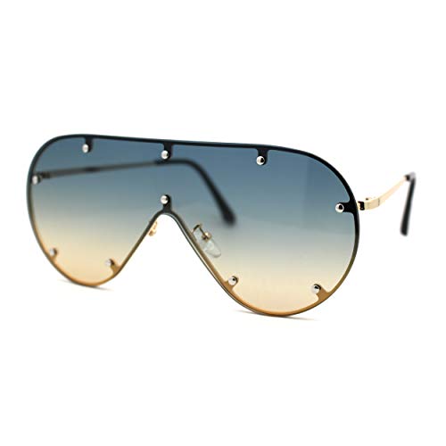 Metal Stud Brow Line Flat Top Rimless Shield Racer Sunglasses2