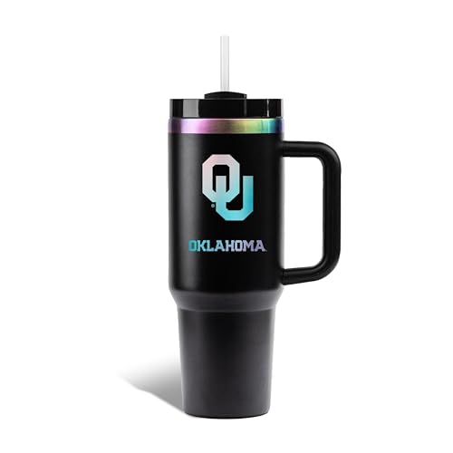 The Memory Company NCAA 40oz Iridescent Tumbler - Double-Wall Vacuum Insulated Stainless Steel Water Bottle - Team Spirit Travel Cup with Handle, Lid and Straw, University of Oklahoma