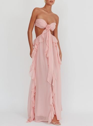 Image of Women Y2k Backless Long Dress Halter Tie Neck Maxi Dress Flowy Beach Sundress Summer Streetwear
