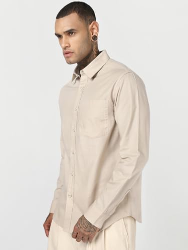 Image of Bewakoof Mens Solid Regular Fit Full Sleeve Collar Cotton Linen Blend Shirt