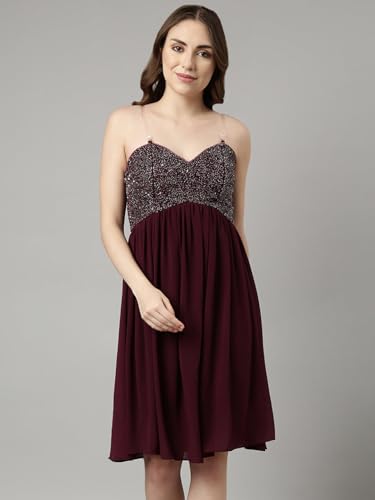 Image of SHOWOFFFF Women Embellished Fit and Flare Party Dress | Square Neck Sleeveless Georgette Dress for Womens | Knee Length Dress for Women's