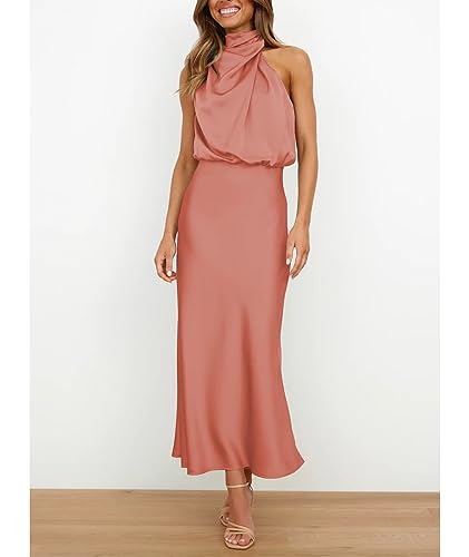 Image of Sexyshine Women's Elegant Halter Tie Neck Sleeveless Satin Long Dress Backless Split Cocktail Party Formal Wedding Maxi Dress