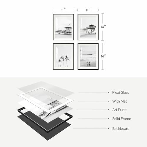 Framed Black and White Beach Wall Art, 4 Piece Coastal Photography Canvas Artworks, Ocean Wave Palm Tree Seascape Picture Prints for Living Room Bedroom Bathroom Hallway Office Wall Decor, 11x14 Inch - Image 9