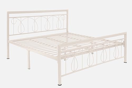 Image of Kovu Metal Queen Size Bed Without Storage | Wrought Iron Double Bed with Headboard & Footboard | Sturdy Powder Coated Platform Bed Queen Size Cot for BedroomLivingRoom Ivory (75x60)