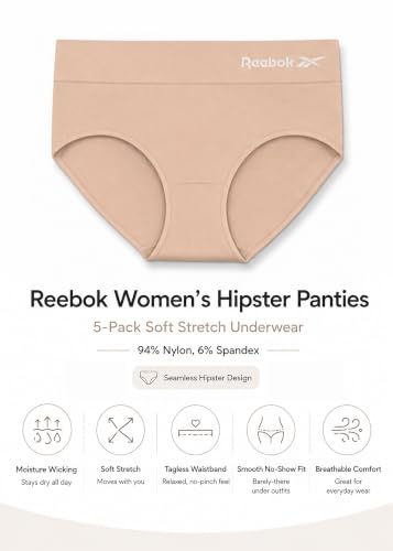 Image of Reebok Womens Hipster Panties 5 Pack Soft Stretch Underwear for Women | Moisture wicking hipster briefs with a tagless relaxed waistband Soft stretch fabric with a smooth, barely-there fit all day.