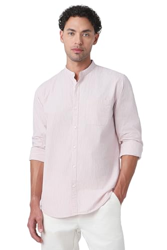 Image of Peter England Men's Casual Mandarin Collar Slim fit Full Sleeve Shirt in 100% Cotton Seersucker with Striped Design