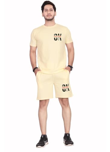 Image of HOODMASTER Men's Cotton Night Suit Set of Top & Knee Length Shorts with Round Neck Half Sleeves Solid Pattern Regular Fit and Standard Length | Mens Cotton Night Suit | T-Shirt and Shorts Sets