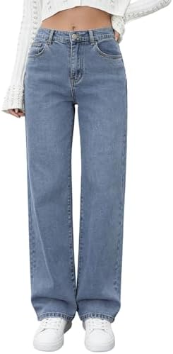 AIMNEWS Women's Straight Leg Jeans- High Waisted Stretchy Wide Leg Denim Pants, Elastic Waistband & Classic Blue Vintage Wash Size M