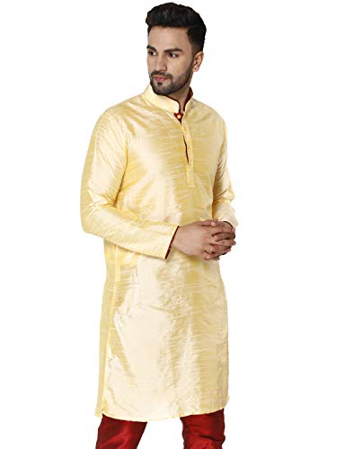Image of Men's Art Silk Woven Design Long Kurta Mandarin Collar Straight Shirt