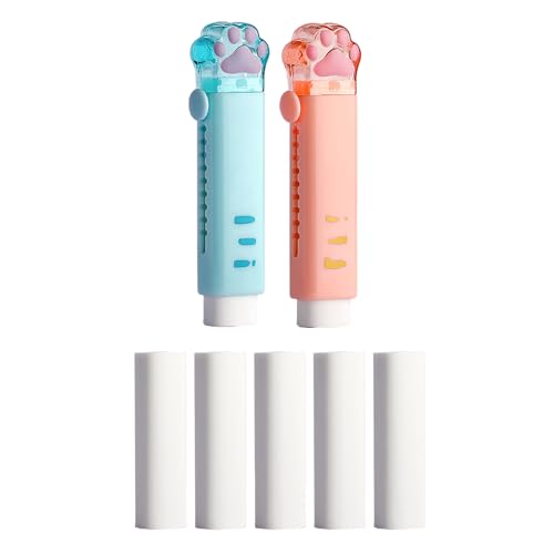 GZBABY Borradores retráctiles en forma de pata de gato, paquete de 2, borradores de empuje y tracción con 5 recambios de goma, compactos y portátiles (azul, naranja)