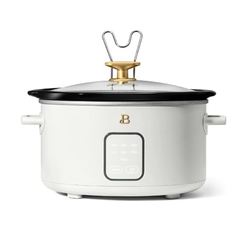 Beautiful by Drew Barrymore 4~Quart Programmable Slow Cooker with Touch Display, Removable Stoneware Pot, 4 Cooking Presets, Auto Warm, Lid Holder, Cool-Touch Handles, Dishwasher Safe ~ (White Icing).
