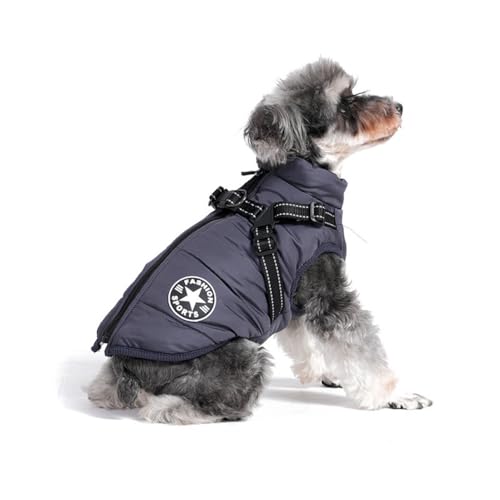 GJHOTRPF 犬服 冬用 一体型綿入れを牽引する 犬 ベスト 綿服コート 犬 ダウンベスト 軽量 着脱簡単 秋冬 防寒 防水ジャケット 暖かい ペット服 小型犬 中型犬 お出掛け お散歩服 (グレー,M)