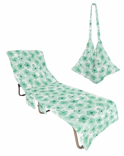 Green Floral Beach Chair Towel Covers for Chaise Lounge With Side Pocket, Soft Plush Pool Towels Cover for Patio Sunbathing Outdoor Aesthetics Botanical Plant Pastoral Country Flower 29''x85''