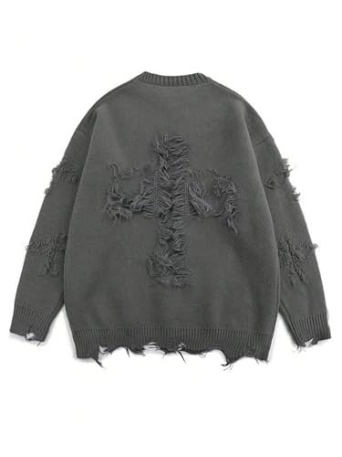 Men's Gothic Grunge Ripped Sweaters Distressed Long Sleeve Vintage Loose Pullover Sweaters2