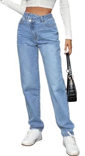 Women's High Waisted Straight Leg Asymmetrical Button Denim Jeans Trendy Long Casual Pants