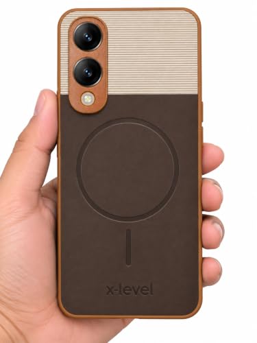 Image of Bintage Mac Safe Design Hard Slim Back Case | Soft Border Camera Protect | Dual PU Leather Finish Back Cover Compatible for Vivo Y28 5G / Vivo Y17s 5G - White & Cherry Brown