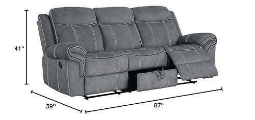 HABITRIO Reclining Sofa, Solid Wood Frame&Grey Velvet Upholstered 3-Seat Recliner Couch w/Back&Seat Cushion, Drop-Down Table w/USB Charging Dock, Middle Storage Drawer, Furniture for Living Room