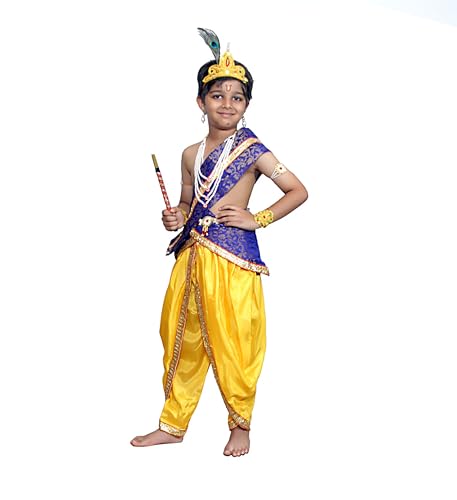 Image of Kaku Fancy Dresses Krishna Costume With Dhoti For Boy /Janmashtami /Bal Gopal Dress /Kanha Costume /Bal Krishna /Mythological Costume For Boy - Yellow-Red, 1-2 Years