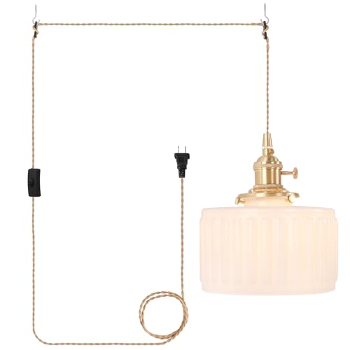 Image of Shenmoyl Plug in Pendant Light Hanging Light Fixtures with Plugin Cord On /Off Switch,White Striped Glass Lampshade Brass Pendant Light