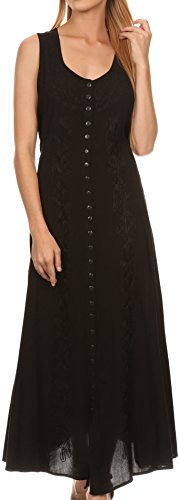 Image of Sakkas Maya Floral Embroidered Sleeveless Button Up Rayon Dress