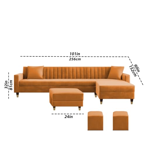 Image of Casaliving Garcia RHS 8 Seater L Shape Sofa Set with Ottoman & 2 Puffy for Living Room (Orange) Premium Fabric Sofa Set