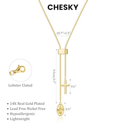 Image of CHESKY Long Necklaces for Women, 14k Gold Plated /Streling Silver Lariat Necklace Dainty Statement Prom Necklace Rosary Cross Sun Drop Pendant Dangle Necklace Gold Prom Jewelry for Women Gifts