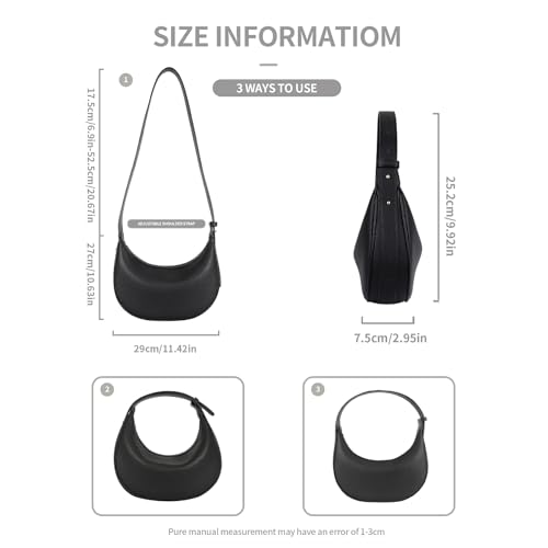 YYW Women Shoulder Bag Fashion Handbag Adjustable Crescent CrossBody Bag Underarm Purse PU Clutch with Zipper (Black) - Thumbnail 2