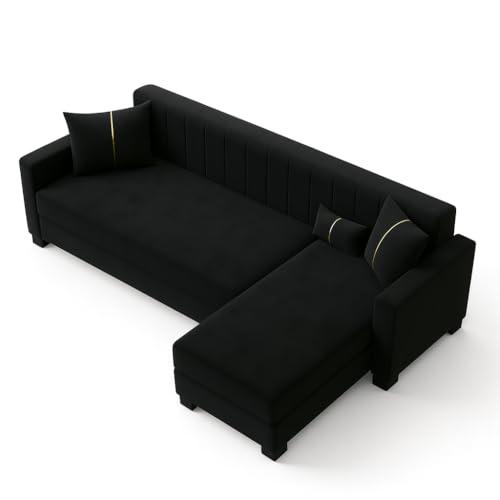 Image of SOCOZI Almeria 5 Seater RHS L Shape Sofa Set | Soft Velvet Suede Fabric | Modern Design | Plush Comfort Cushions for Living Room (Black)