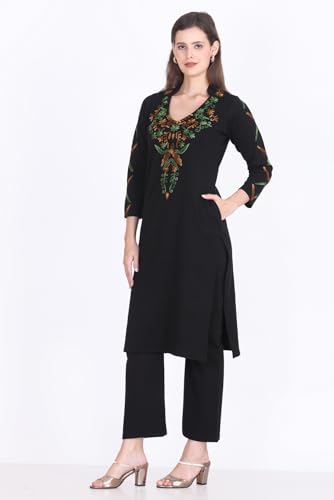 Image of Rosary Women's Woolen Winter Embroidered Kurta with Palazzo Pant | Warm Ethnic Suit Set - 2 Piece Outfit
