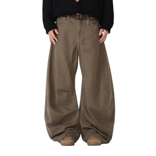 Barrel Jeans Men Brown Baggy Wide Leg Skater Denim Pants High Waist Streetwear Barrel Leg Bottoms Relaxed Loose with Pockets